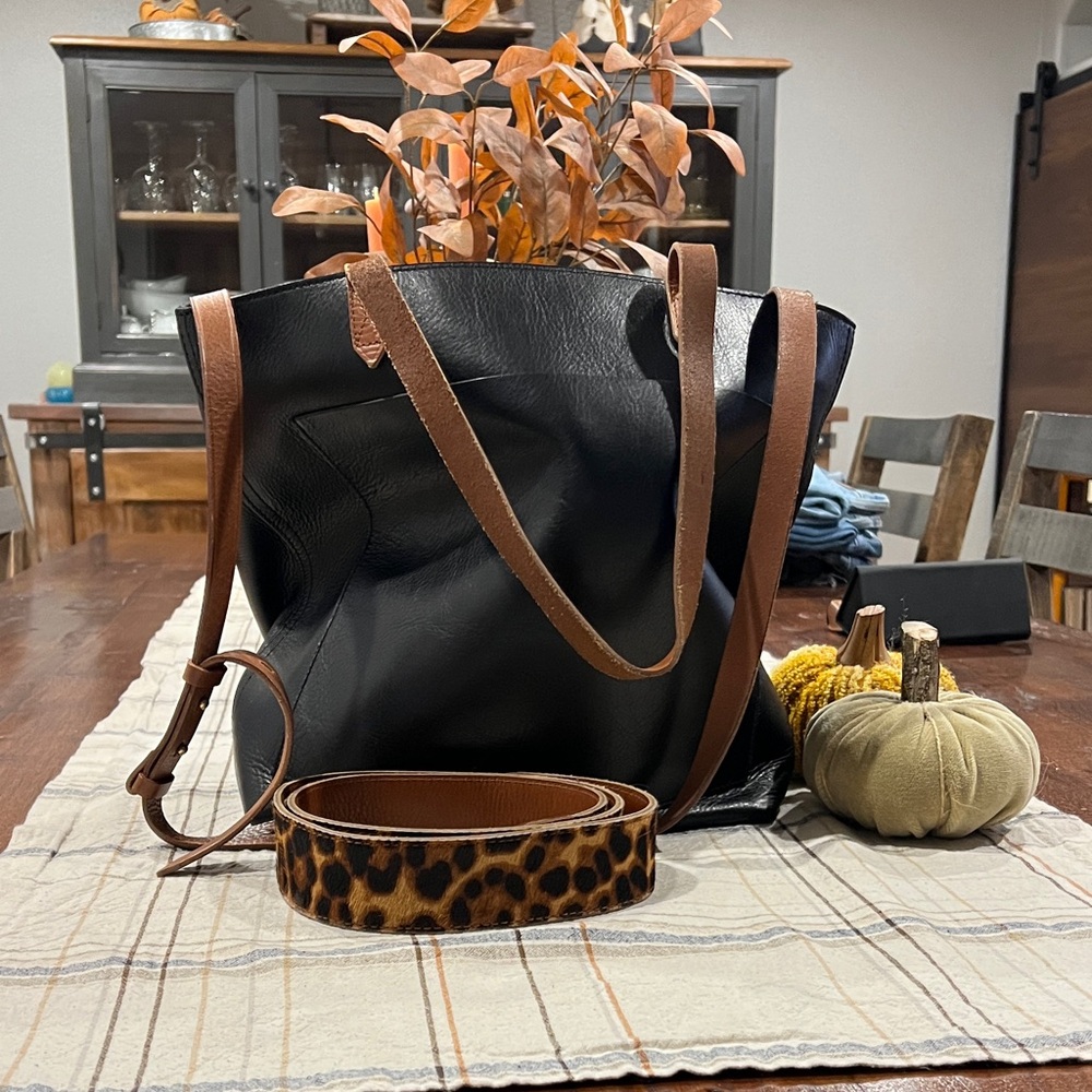 Black Leather Tote with Brown Straps and Leopard Strap - Women Bags